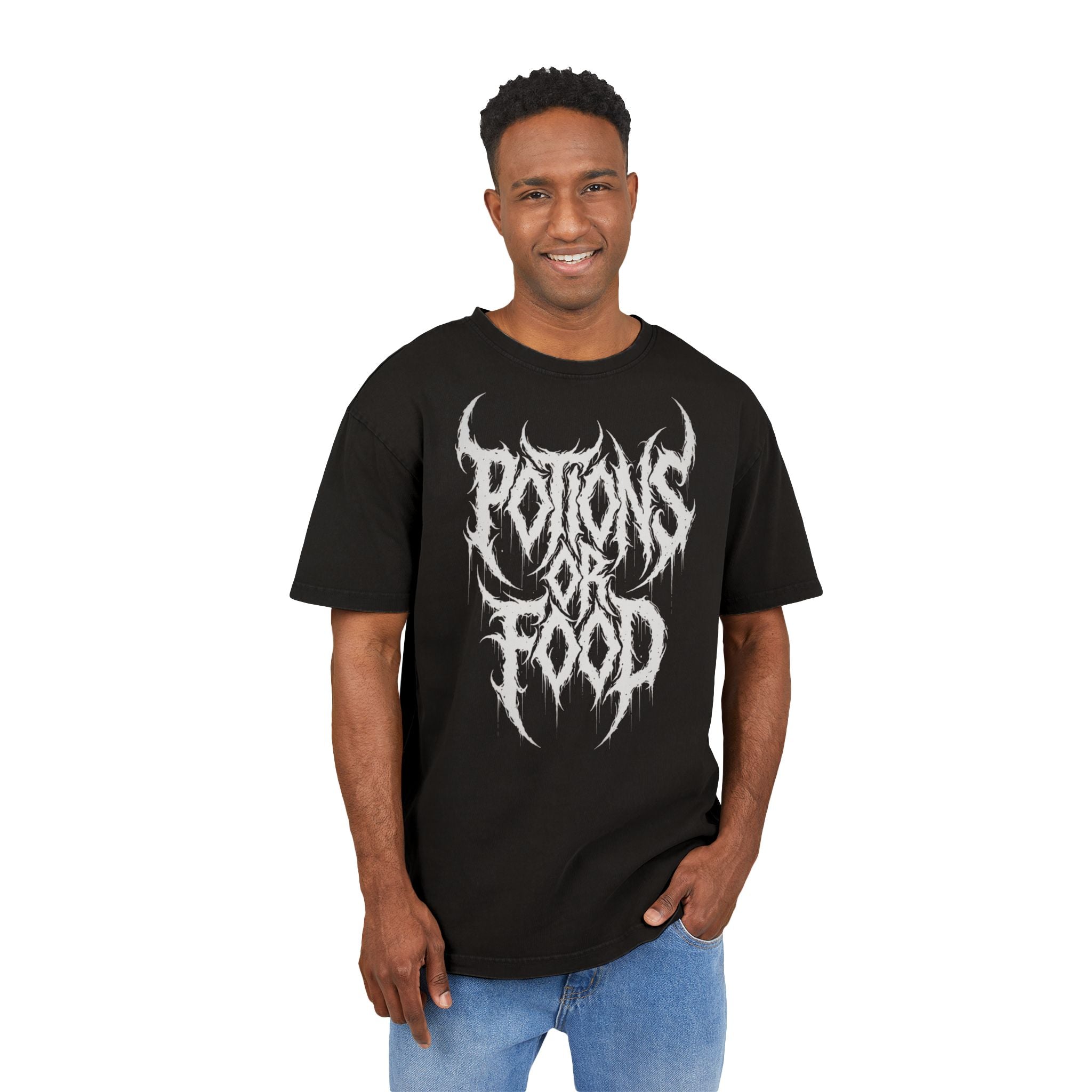 Acid-Washed Oversize Tee — 'Potions or Food' Metal Band Graphic