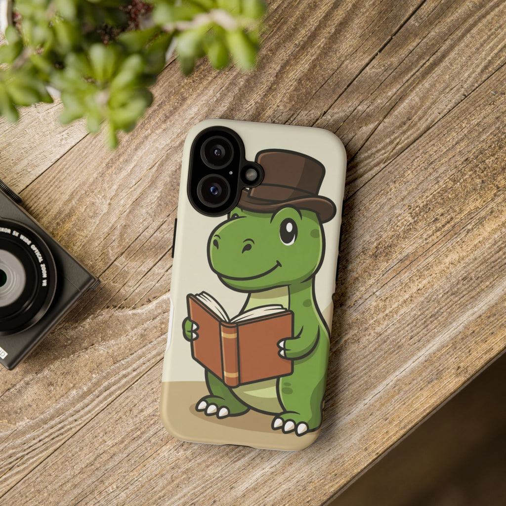 Reading Dinosaur Phone Case | Cute T-Rex with Book and Hat iPhone Case