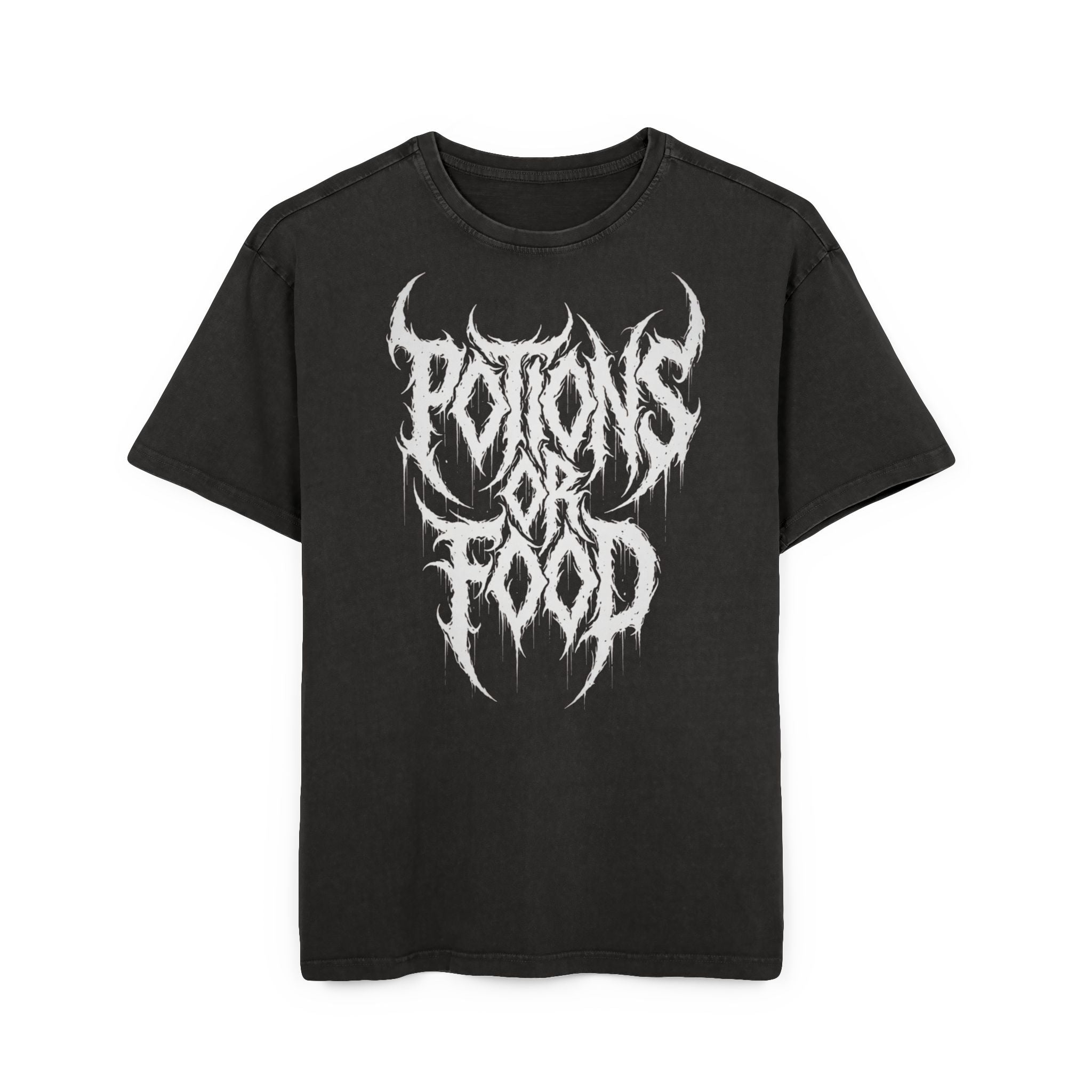 Acid-Washed Oversize Tee — 'Potions or Food' Metal Band Graphic