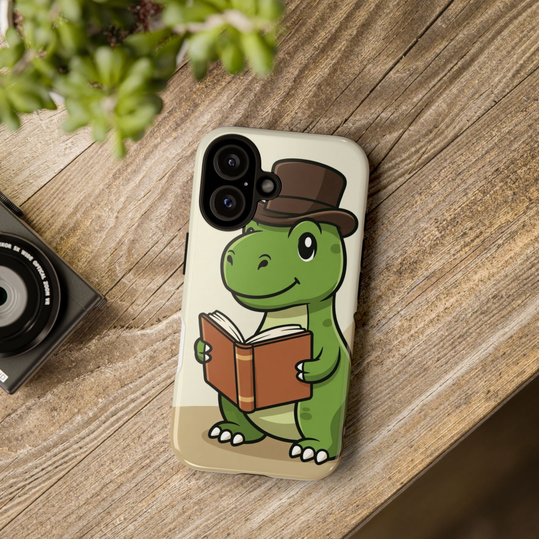 Reading Dinosaur Phone Case | Cute T-Rex with Book and Hat iPhone Case